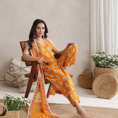 Khushal K Floral Printed V-Neck Pure Cotton Straight Kurta set