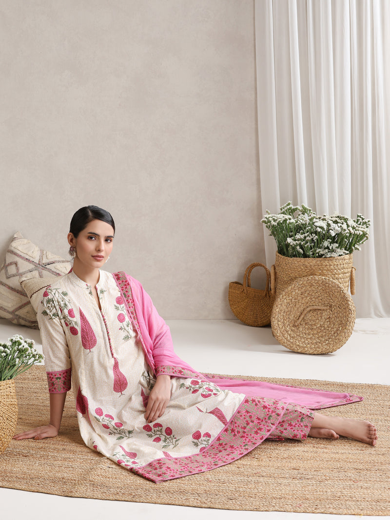 Women Floral Printed Cotton Kurta with Palazzos & Dupatta