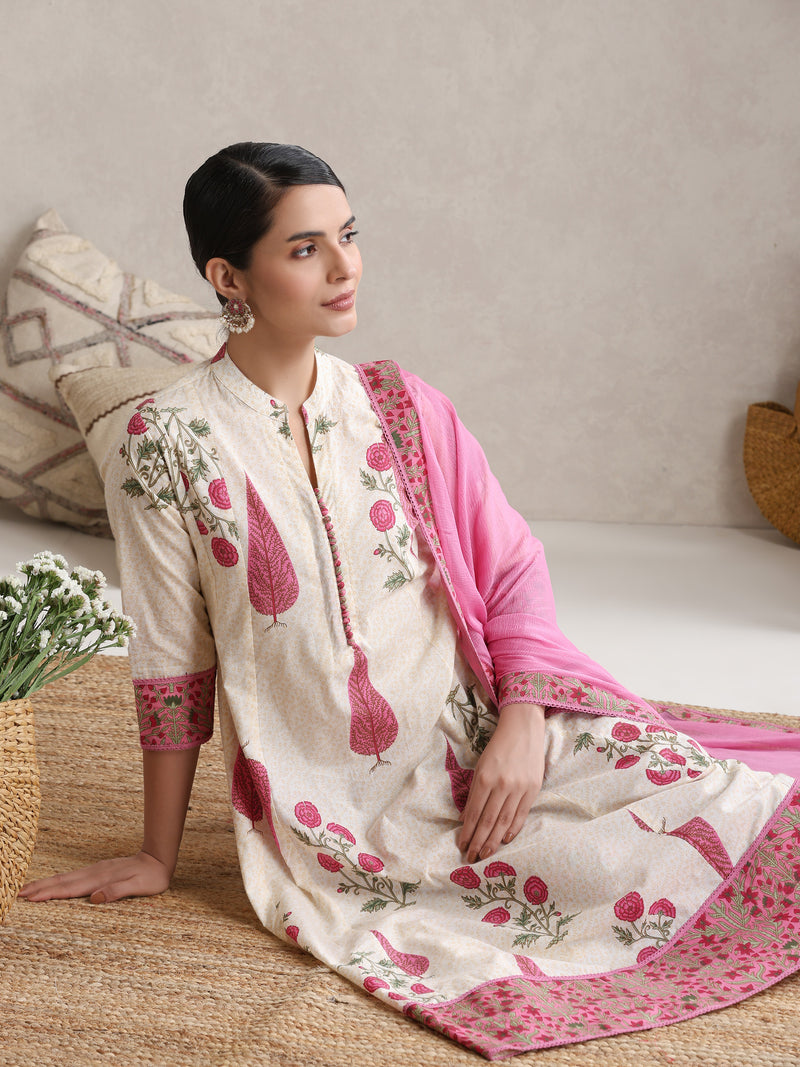 Women Floral Printed Cotton Kurta with Palazzos & Dupatta