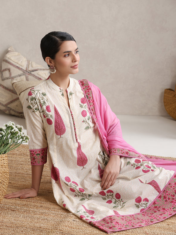 Women Floral Printed Cotton Kurta with Palazzos & Dupatta