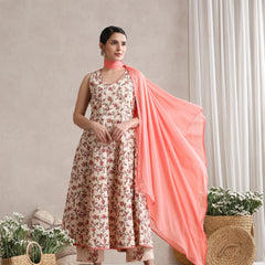 Women Cream Floral Printed Angrakha Pure Cotton Kurta with Palazzos & Dupatta