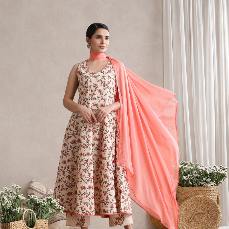 Women Cream Floral Printed Angrakha Pure Cotton Kurta with Palazzos & Dupatta - Khushal K - Image 8