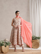 Women Cream Floral Printed Angrakha Pure Cotton Kurta with Palazzos & Dupatta