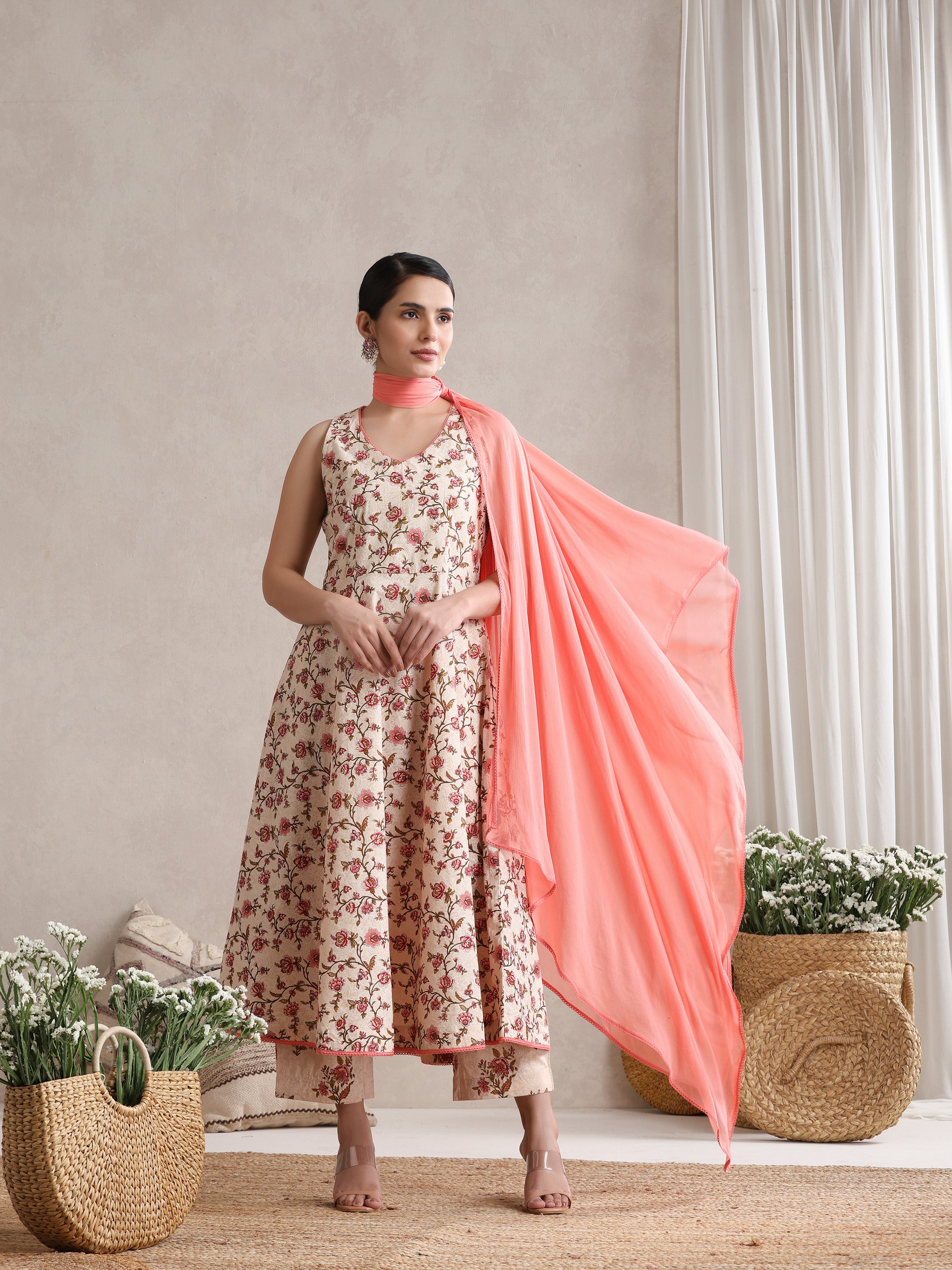Women Cream Floral Printed Angrakha Pure Cotton Kurta with Palazzos & Dupatta
