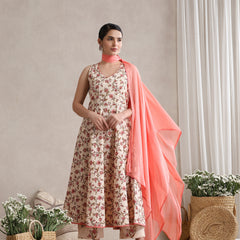 Women Cream Floral Printed Angrakha Pure Cotton Kurta with Palazzos & Dupatta