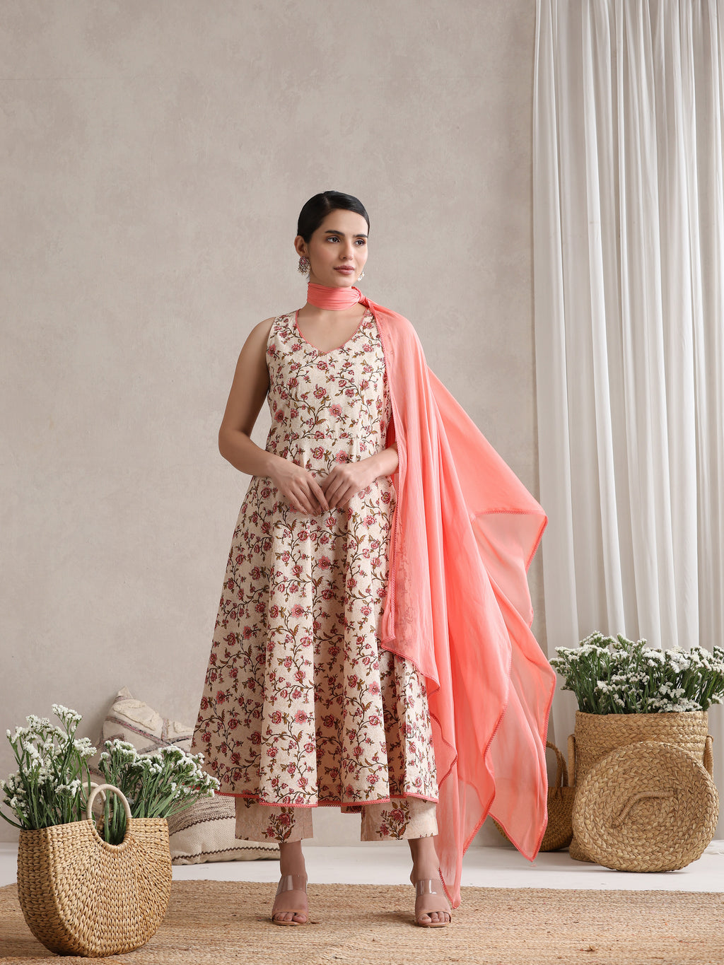 Women Cream Floral Printed Angrakha Pure Cotton Kurta with Palazzos & Dupatta