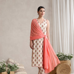 Women Cream & Peach Floral Printed Kurta Palazzo Set