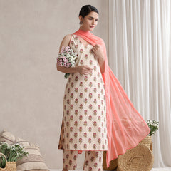 Women Cream & Peach Floral Printed Kurta Palazzo Set