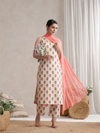 Women Cream & Peach Floral Printed Kurta Palazzo Set