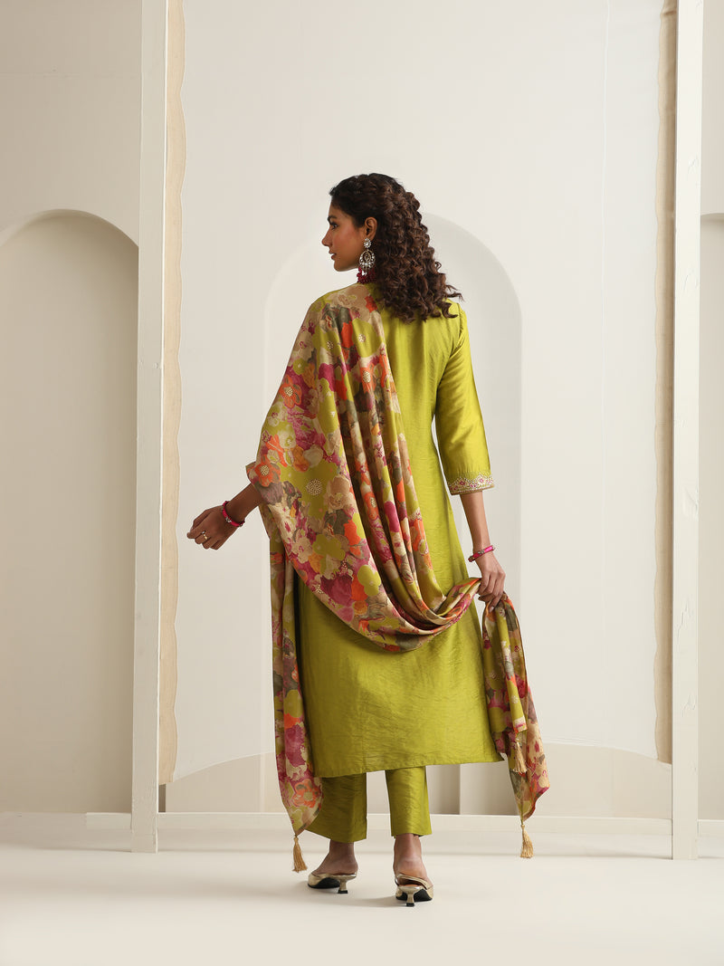 Khushal K Women Pure Silk green Embroidered Kurta & Palazzo With Dupatta