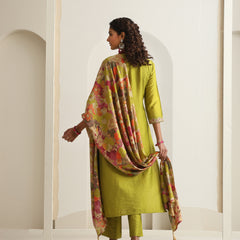 Khushal K Women Pure Silk green Embroidered Kurta & Palazzo With Dupatta