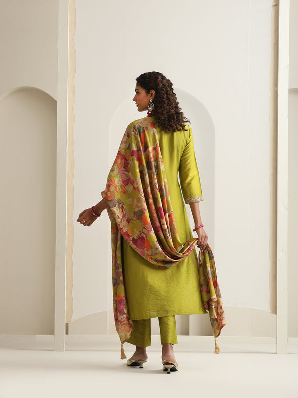 Khushal K Women Pure Silk green Embroidered Kurta & Palazzo With Dupatta