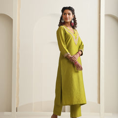 Khushal K Women Pure Silk green Embroidered Kurta & Palazzo With Dupatta