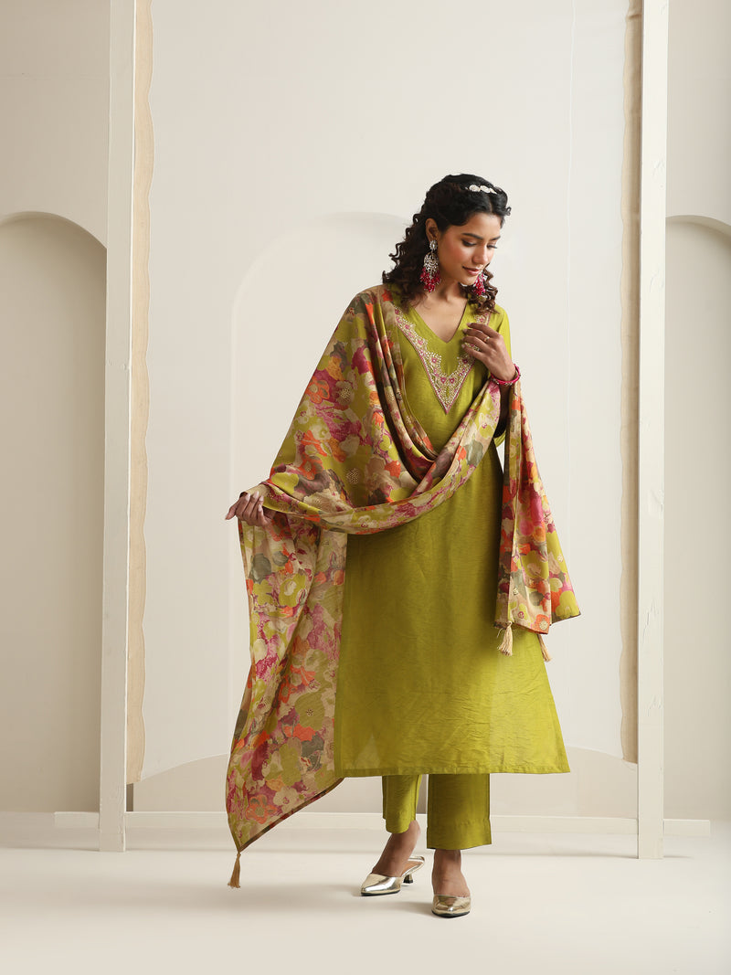 Khushal K Women Pure Silk green Embroidered Kurta & Palazzo With Dupatta