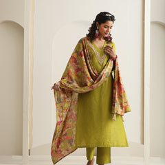 Khushal K Women Pure Silk green Embroidered Kurta & Palazzo With Dupatta