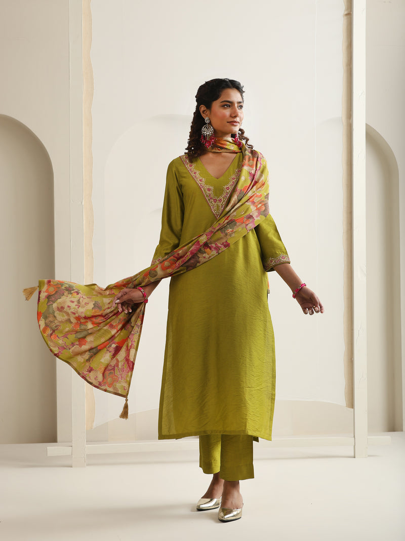 Khushal K Women Pure Silk green Embroidered Kurta & Palazzo With Dupatta
