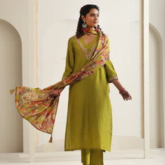 Khushal K Women Pure Silk green Embroidered Kurta & Palazzo With Dupatta