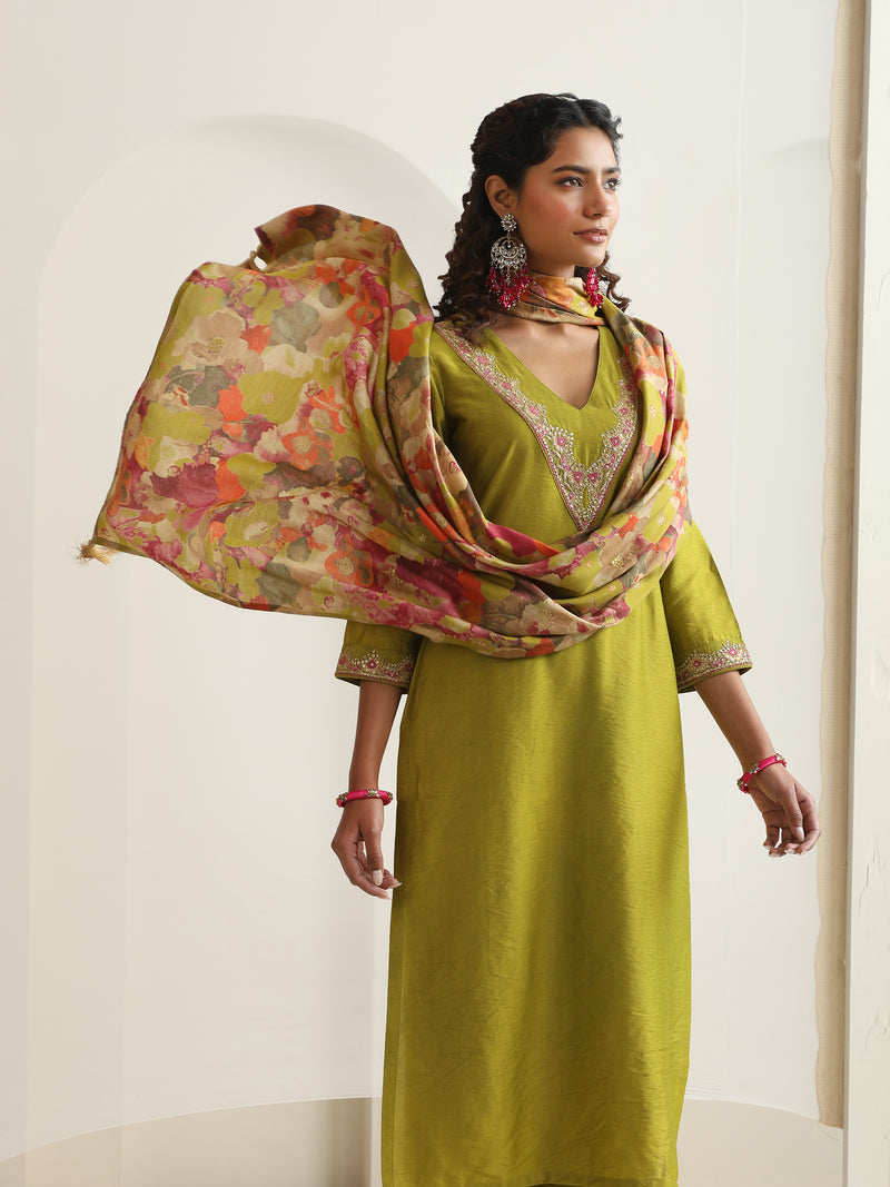 Khushal K Women Pure Silk green Embroidered Kurta & Palazzo With Dupatta