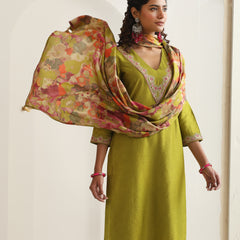 Khushal K Women Pure Silk green Embroidered Kurta & Palazzo With Dupatta