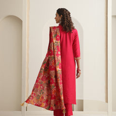 Khushal K Women Pure Silk pink Embroidered Kurta & Palazzo With Dupatta