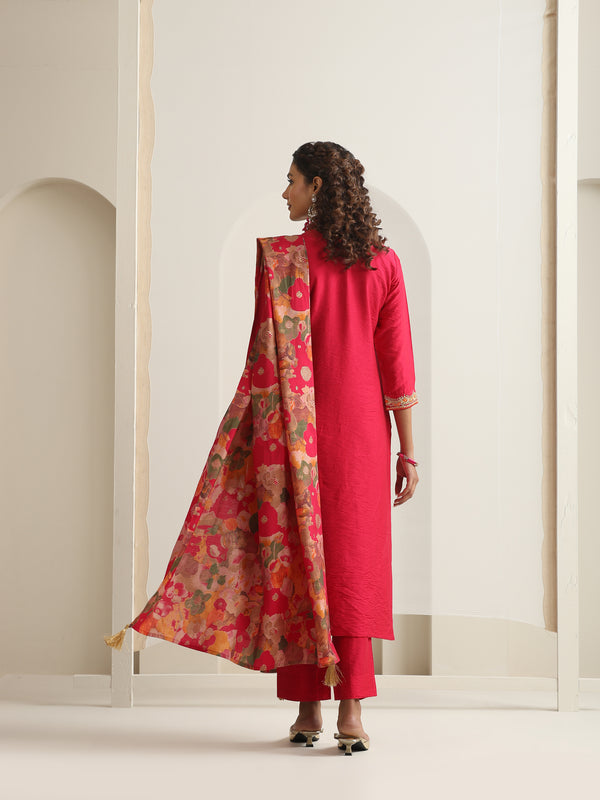 Khushal K Women Pure Silk pink Embroidered Kurta & Palazzo With Dupatta
