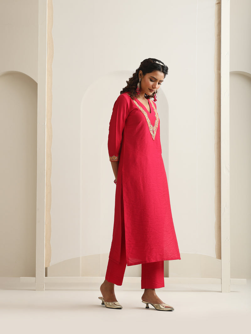 Khushal K Women Pure Silk pink Embroidered Kurta & Palazzo With Dupatta