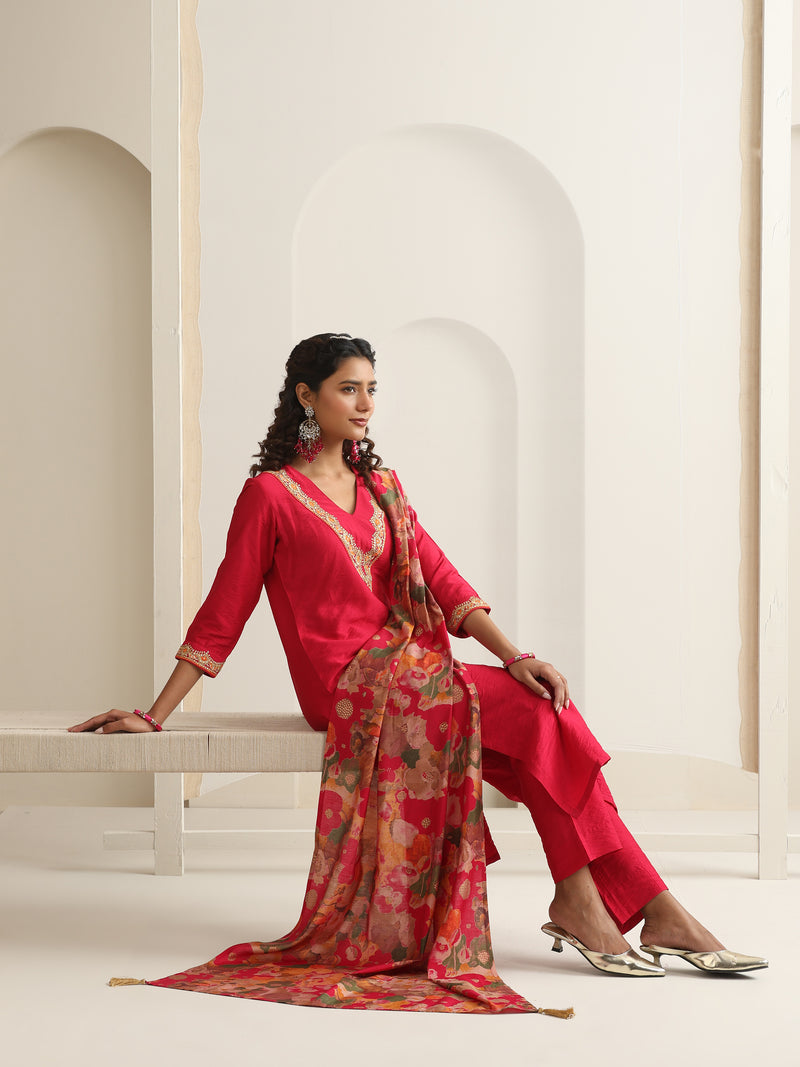 Khushal K Women Pure Silk pink Embroidered Kurta & Palazzo With Dupatta