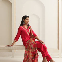 Khushal K Women Pure Silk pink Embroidered Kurta & Palazzo With Dupatta
