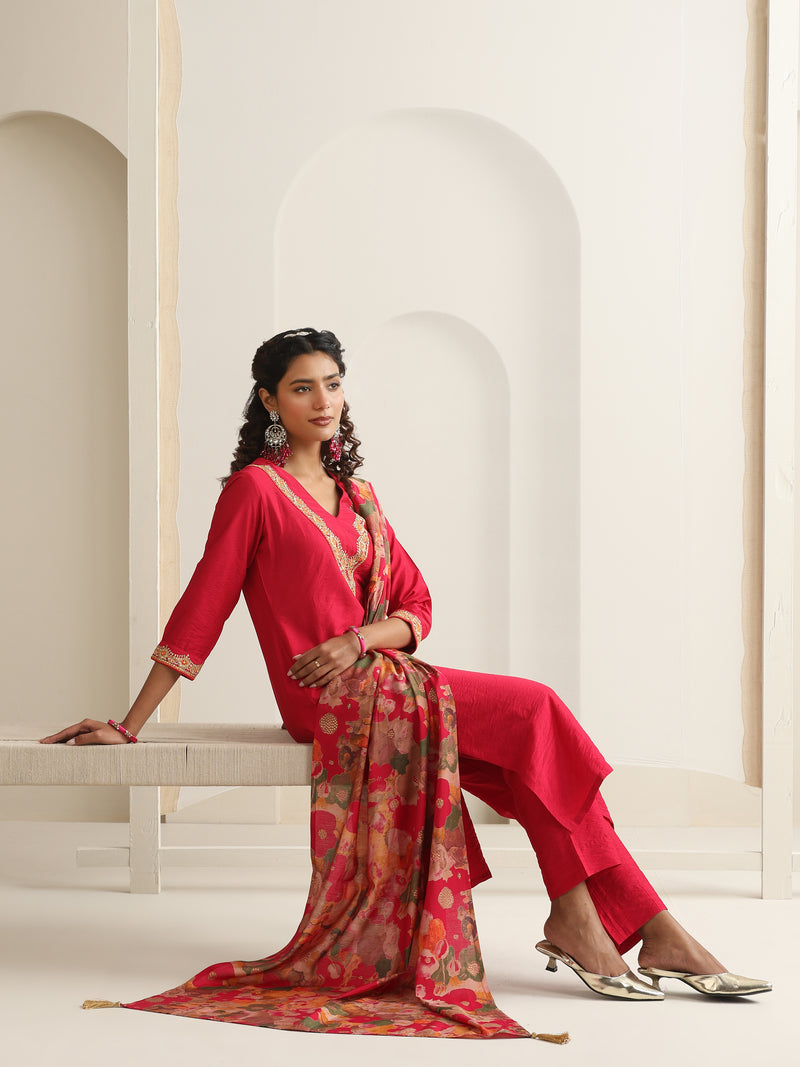 Khushal K Women Pure Silk pink Embroidered Kurta & Palazzo With Dupatta