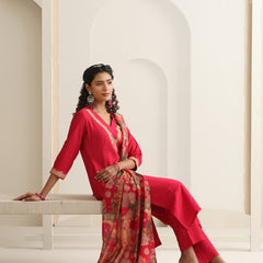 Khushal K Women Pure Silk pink Embroidered Kurta & Palazzo With Dupatta