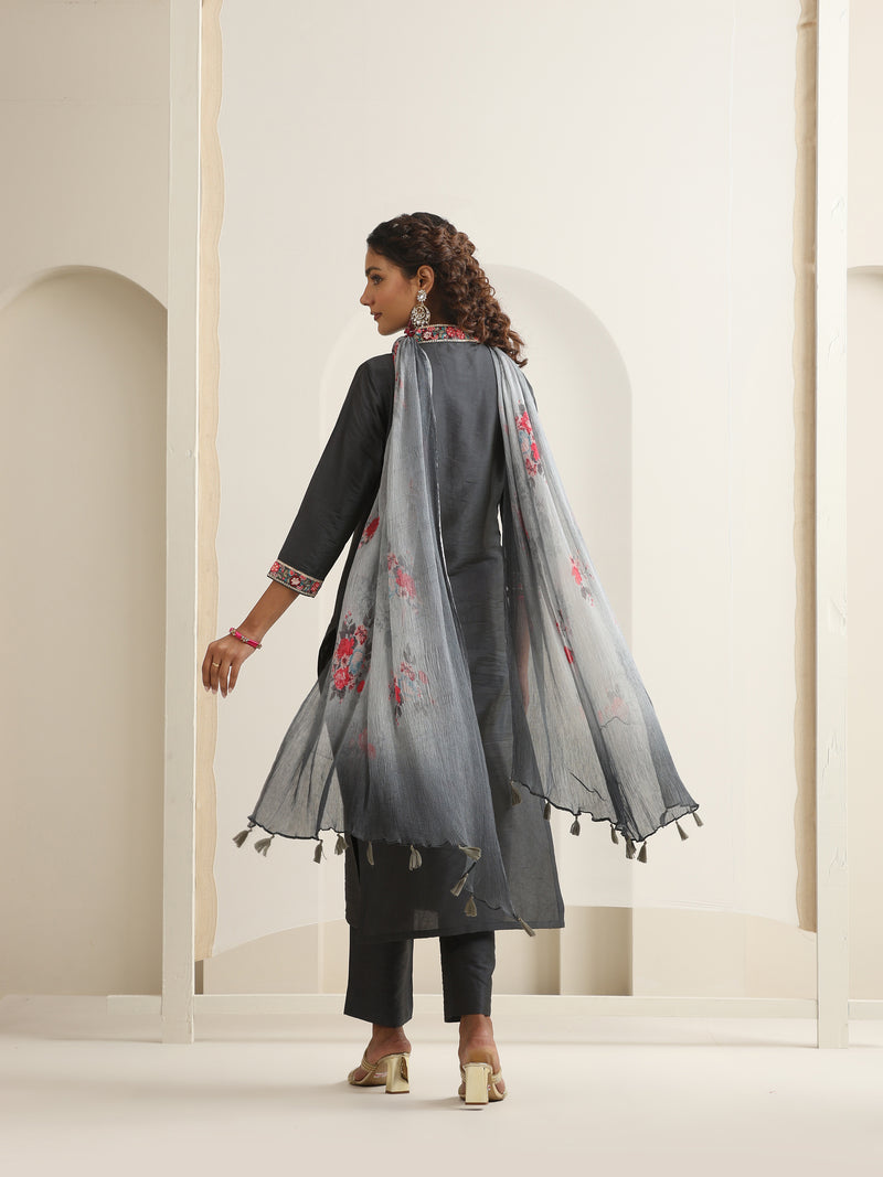 Khushal K Women Pure Silk grey Embroidered Kurta & Palazzo With Dupatta