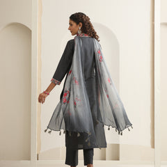 Khushal K Women Pure Silk grey Embroidered Kurta & Palazzo With Dupatta