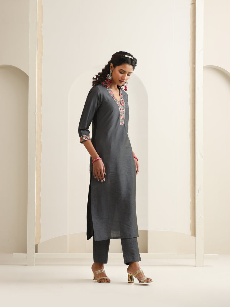 Khushal K Women Pure Silk grey Embroidered Kurta & Palazzo With Dupatta