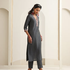 Khushal K Women Pure Silk grey Embroidered Kurta & Palazzo With Dupatta