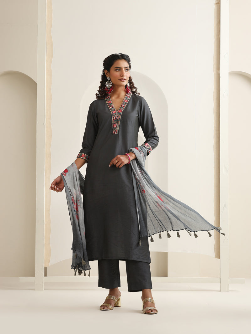 Khushal K Women Pure Silk grey Embroidered Kurta & Palazzo With Dupatta