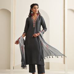 Khushal K Women Pure Silk grey Embroidered Kurta & Palazzo With Dupatta