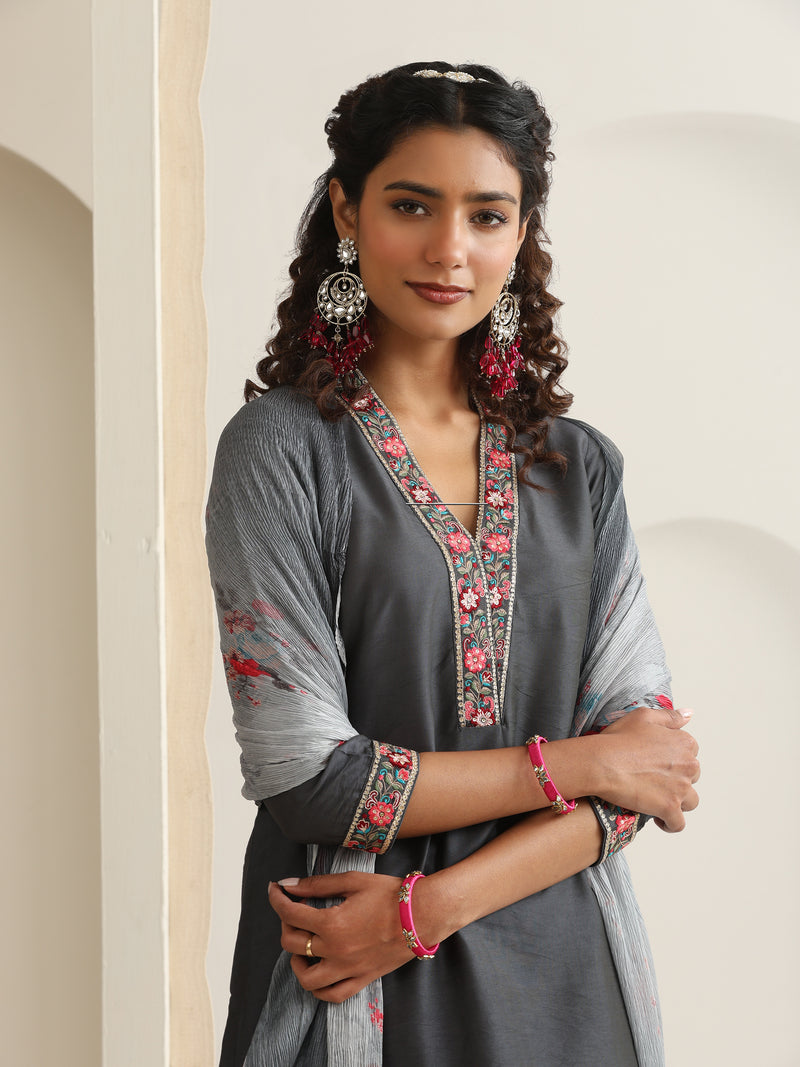Khushal K Women Pure Silk grey Embroidered Kurta & Palazzo With Dupatta
