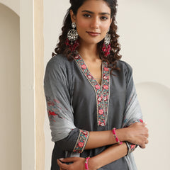 Khushal K Women Pure Silk grey Embroidered Kurta & Palazzo With Dupatta