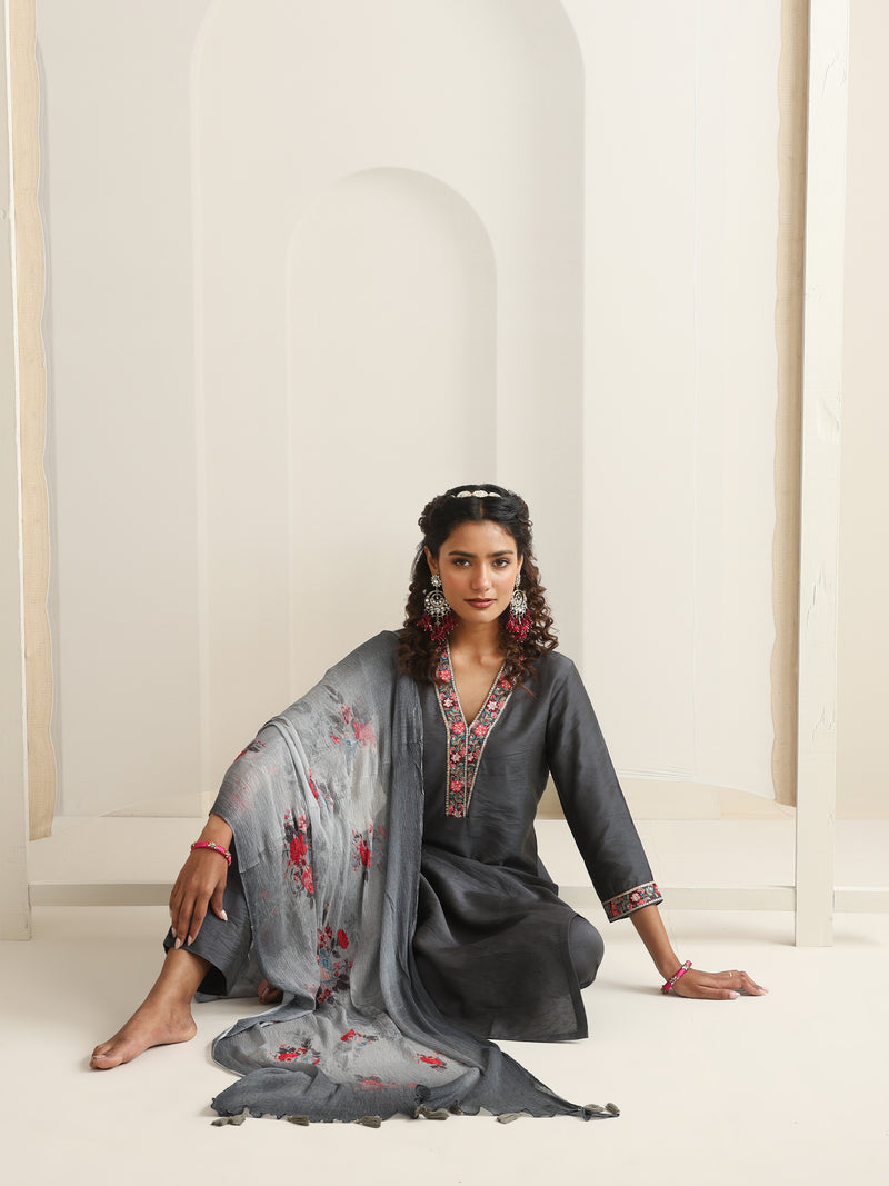 Khushal K Women Pure Silk grey Embroidered Kurta & Palazzo With Dupatta