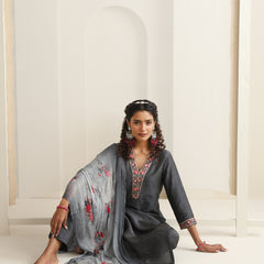 Khushal K Women Pure Silk grey Embroidered Kurta & Palazzo With Dupatta
