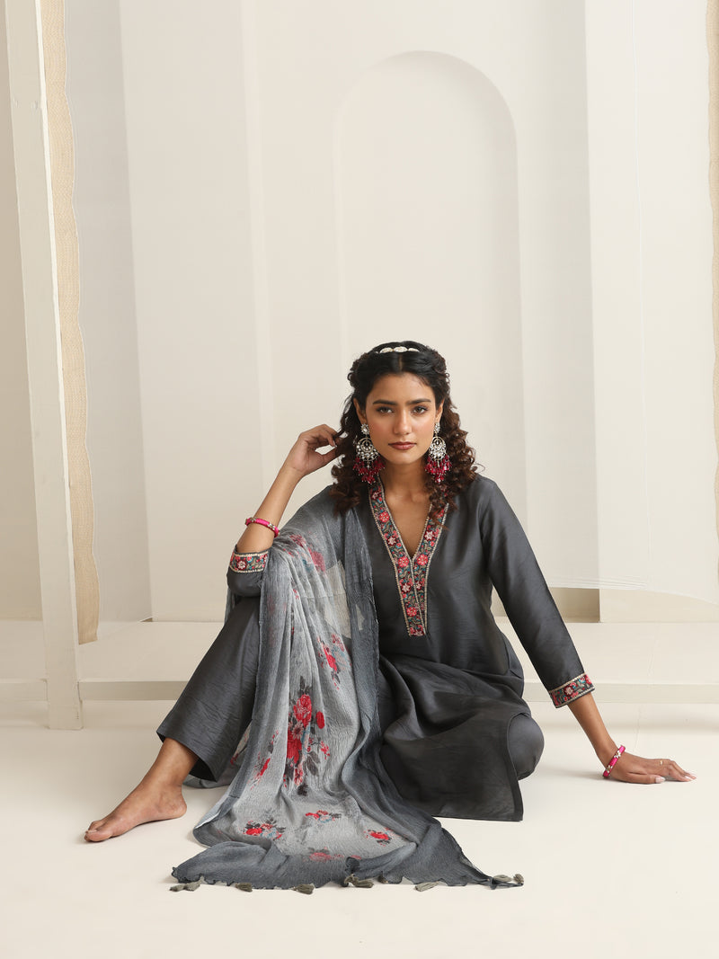 Khushal K Women Pure Silk grey Embroidered Kurta & Palazzo With Dupatta