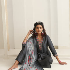 Khushal K Women Pure Silk grey Embroidered Kurta & Palazzo With Dupatta