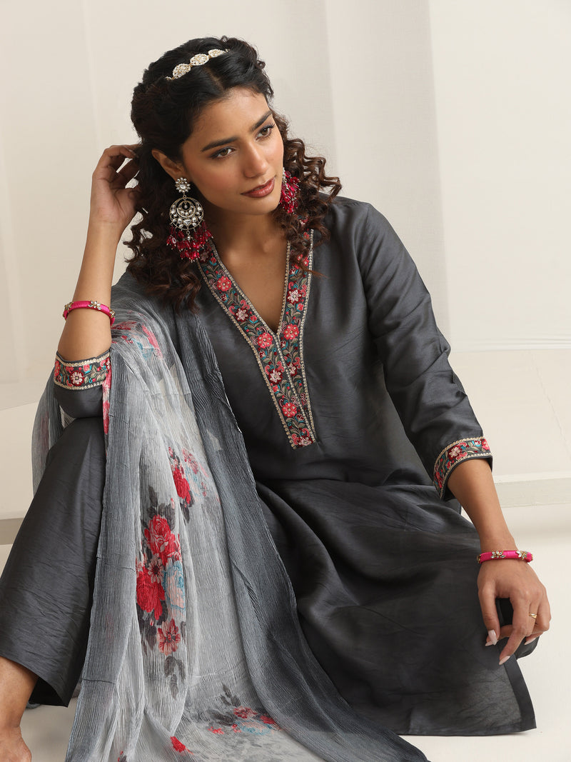 Khushal K Women Pure Silk grey Embroidered Kurta & Palazzo With Dupatta