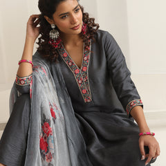 Khushal K Women Pure Silk grey Embroidered Kurta & Palazzo With Dupatta
