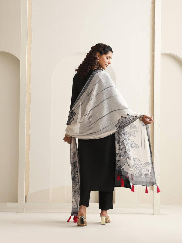 Khushal K Women Pure Silk black Embroidered Kurta & Palazzo With Dupatta