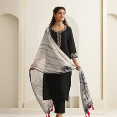 Khushal K Women Pure Silk black Embroidered Kurta & Palazzo With Dupatta