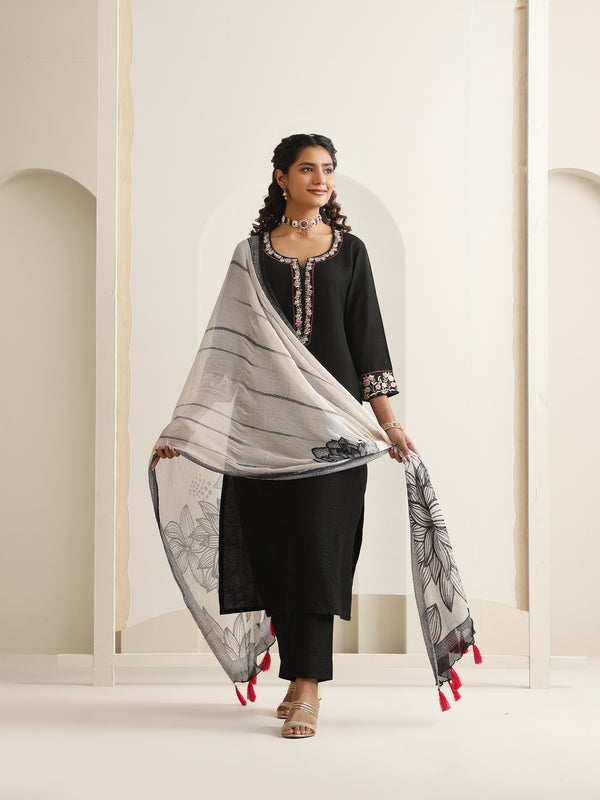 Khushal K Women Pure Silk black Embroidered Kurta & Palazzo With Dupatta