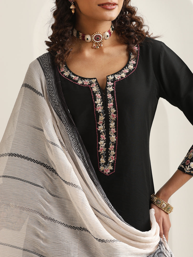 Khushal K Women Pure Silk black Embroidered Kurta & Palazzo With Dupatta
