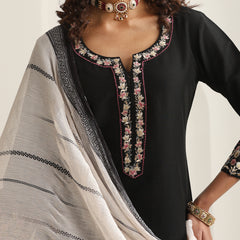 Khushal K Women Pure Silk black Embroidered Kurta & Palazzo With Dupatta