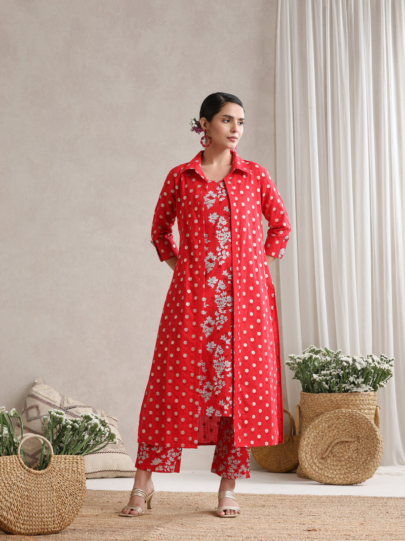 Red Floral & Polka Fusion Cotton Cord Set